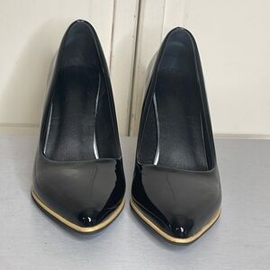 Ladies Fashion Black Patent Faux Leather Block Heel Shoes Pointed Sz 39/8.5
